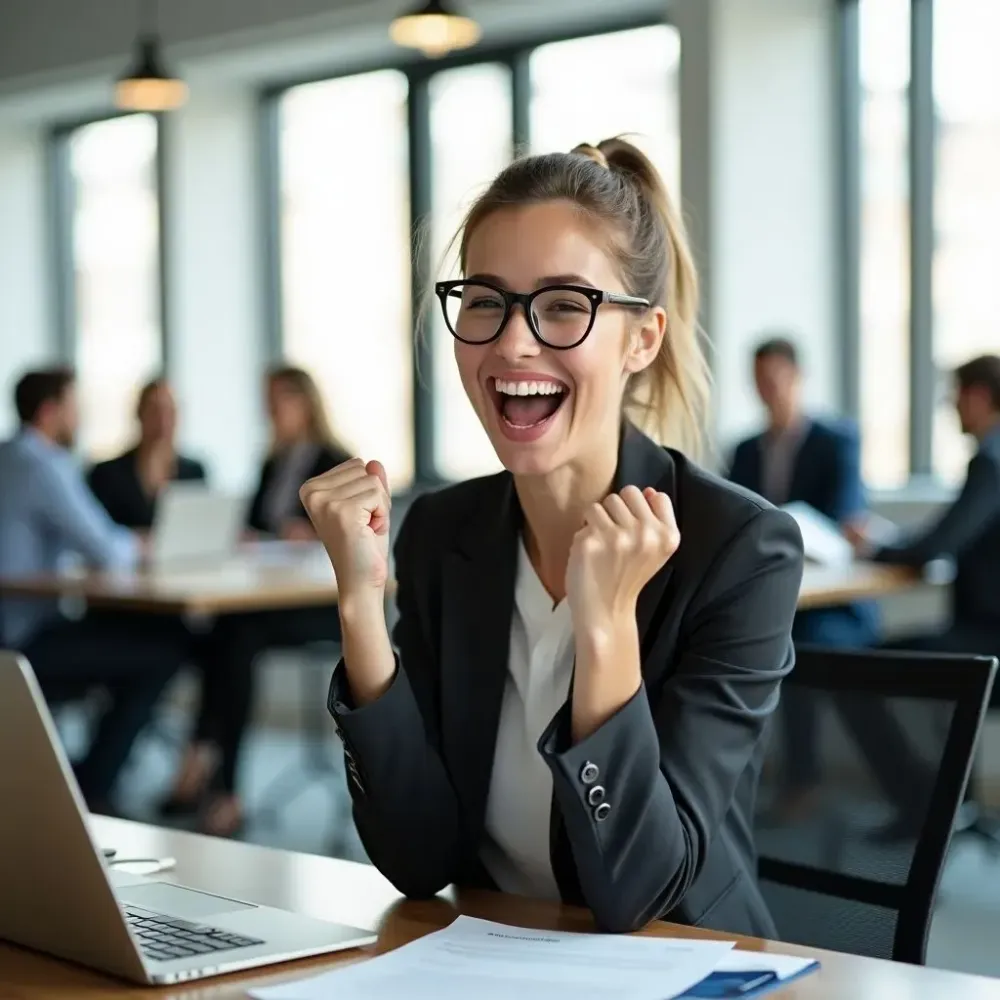 Excited young professional celebrating a successful job placement – Chameleoni recruitment success story.