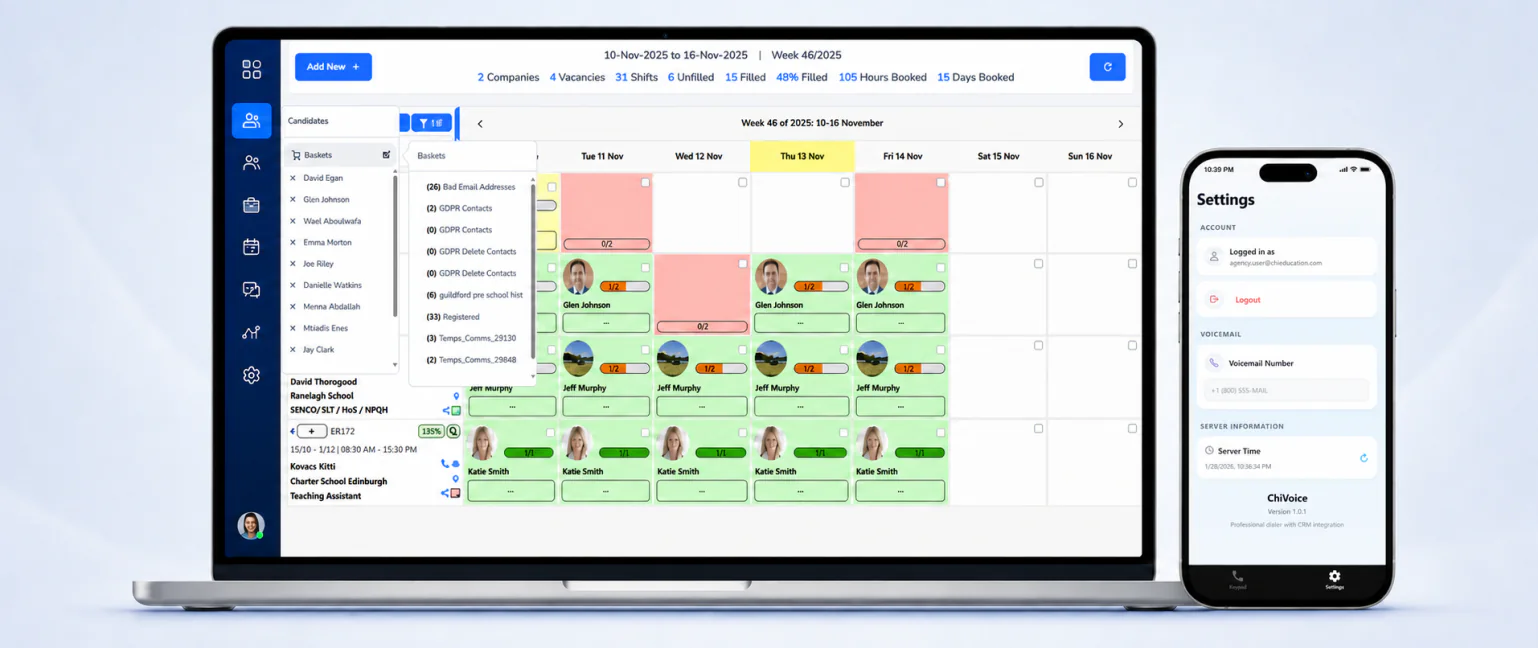 Chameleon-i temporary recruitment bookings workspace with the ChiVoice mobile CRM dialler