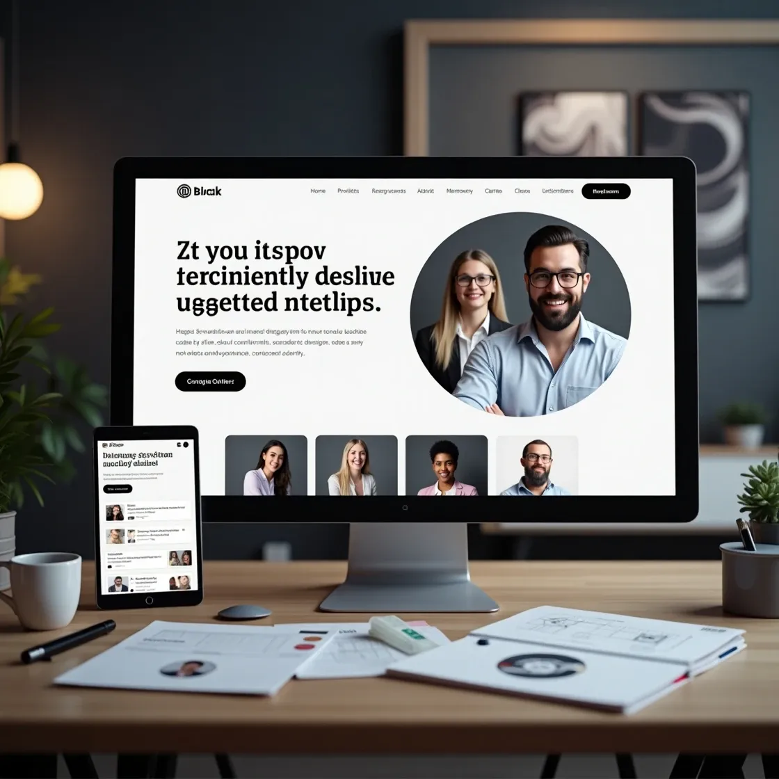 A designer reviews a sleek, modern recruitment website displayed on a monitor and tablet, with creative tools and sketches on the desk.