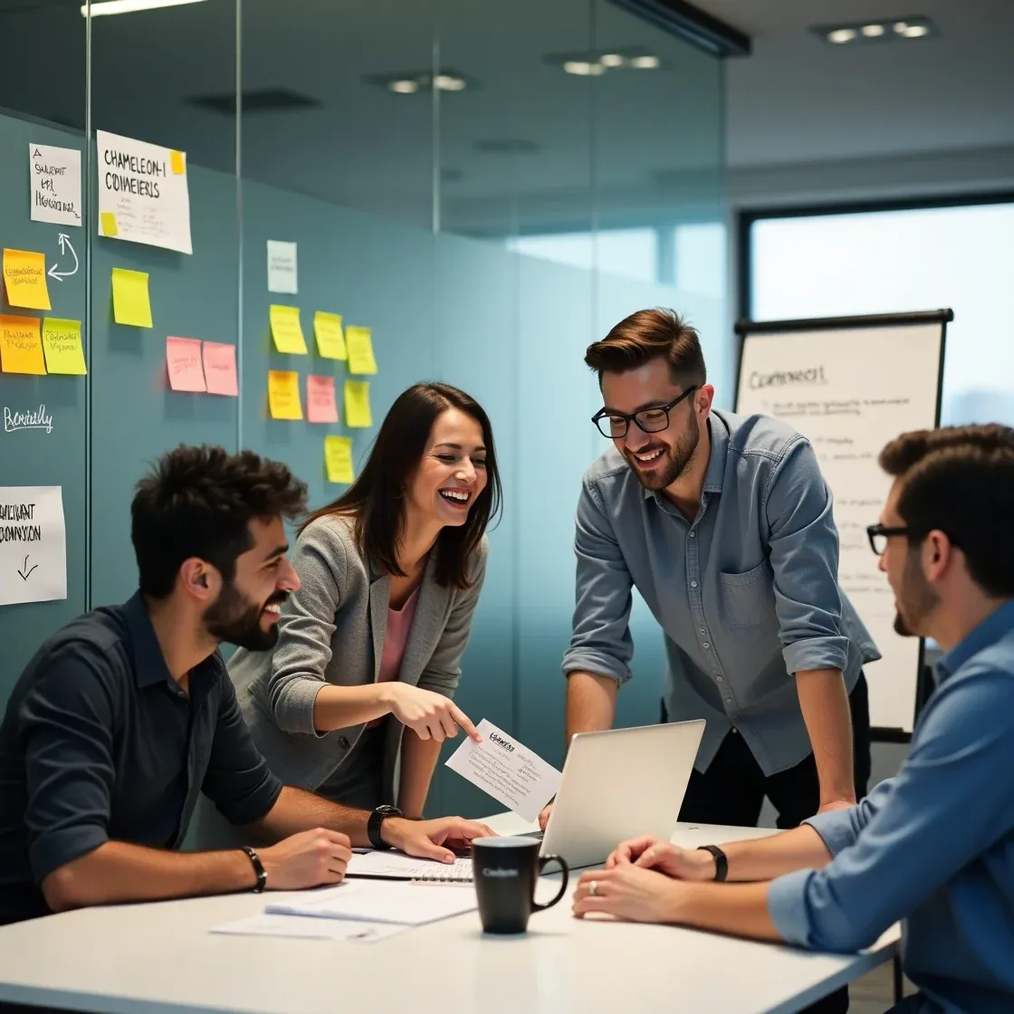 A diverse group of recruiters collaborates around a laptop, discussing Chameleon-i’s new features, including smart navigation, Broadbean integration, and upcoming dashboard tools.