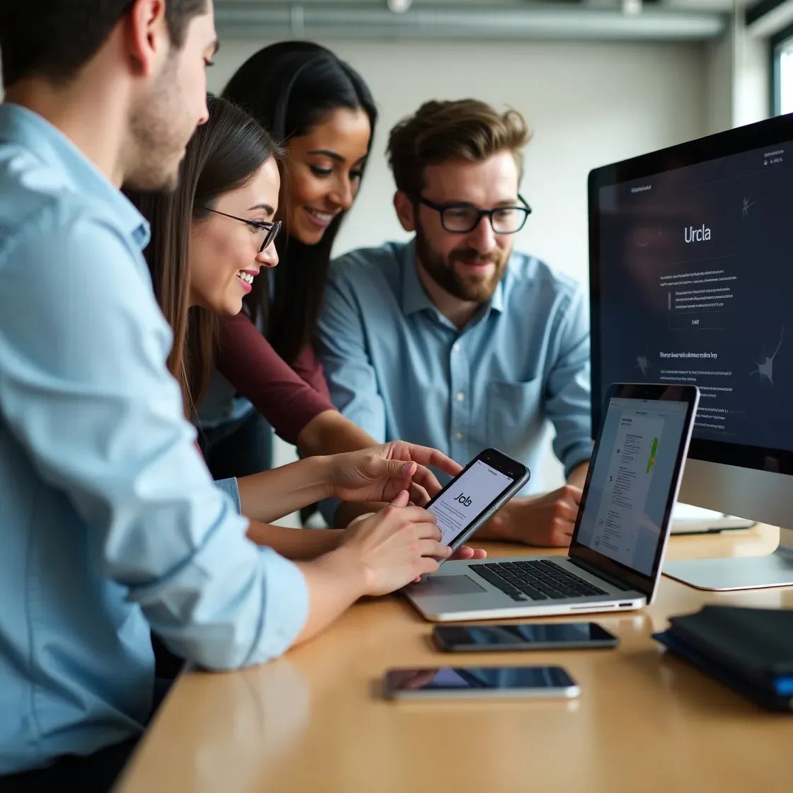 A group of professionals reviewing a responsive recruitment website on a laptop, tablet, and smartphone, highlighting seamless user experience across devices.