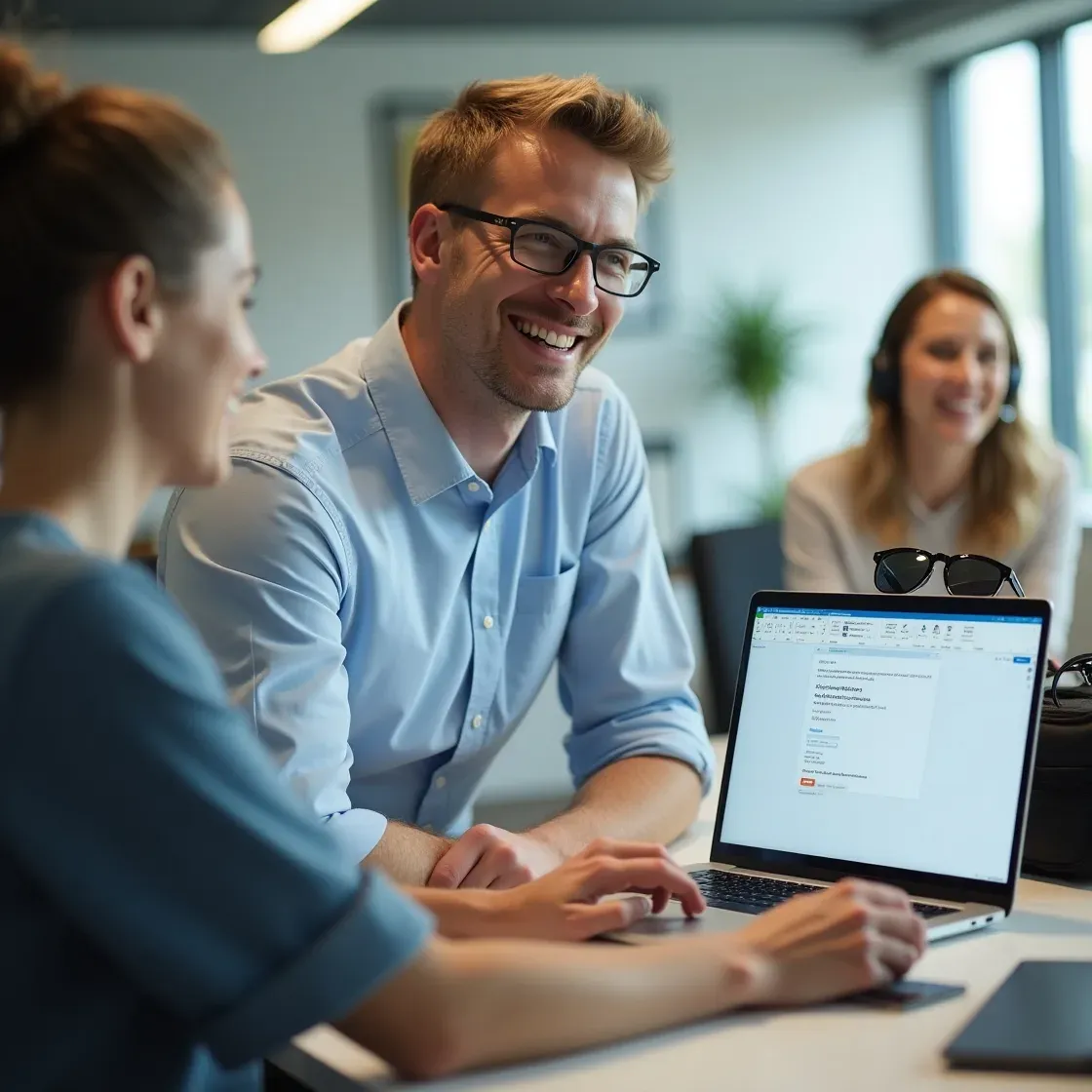 A recruiter sets their out of office reply while preparing to leave for holiday, with a colleague taking over responsibilities in a well-lit, modern office.