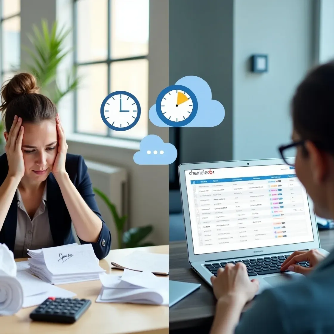 A side-by-side comparison of a recruiter struggling with messy paper timesheets versus a recruiter using Chameleon-i’s cloud-based contract module to manage digital timesheets efficiently.