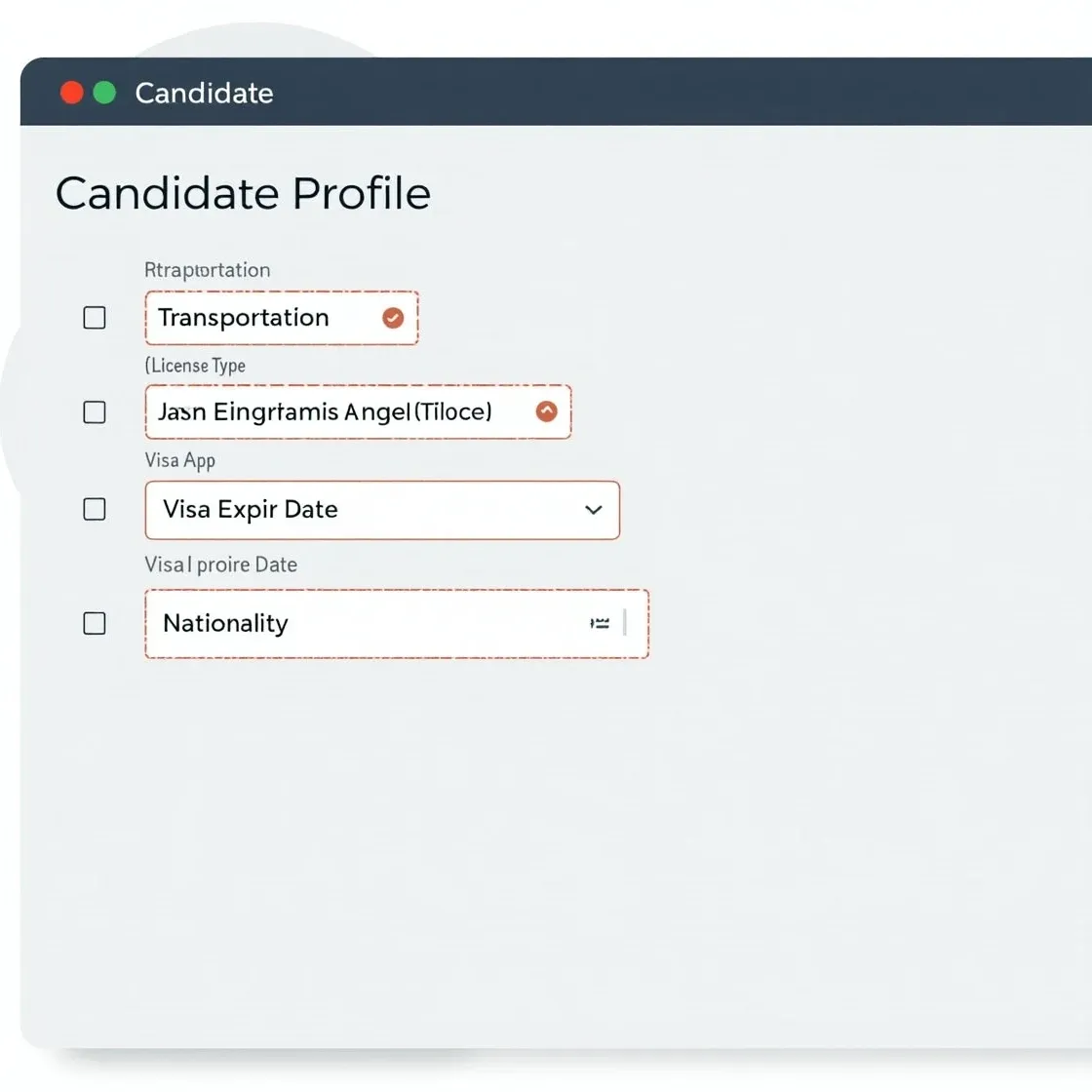 Candidate record screen with new compliance fields and red alert dot in Chameleon-i recruitment software.