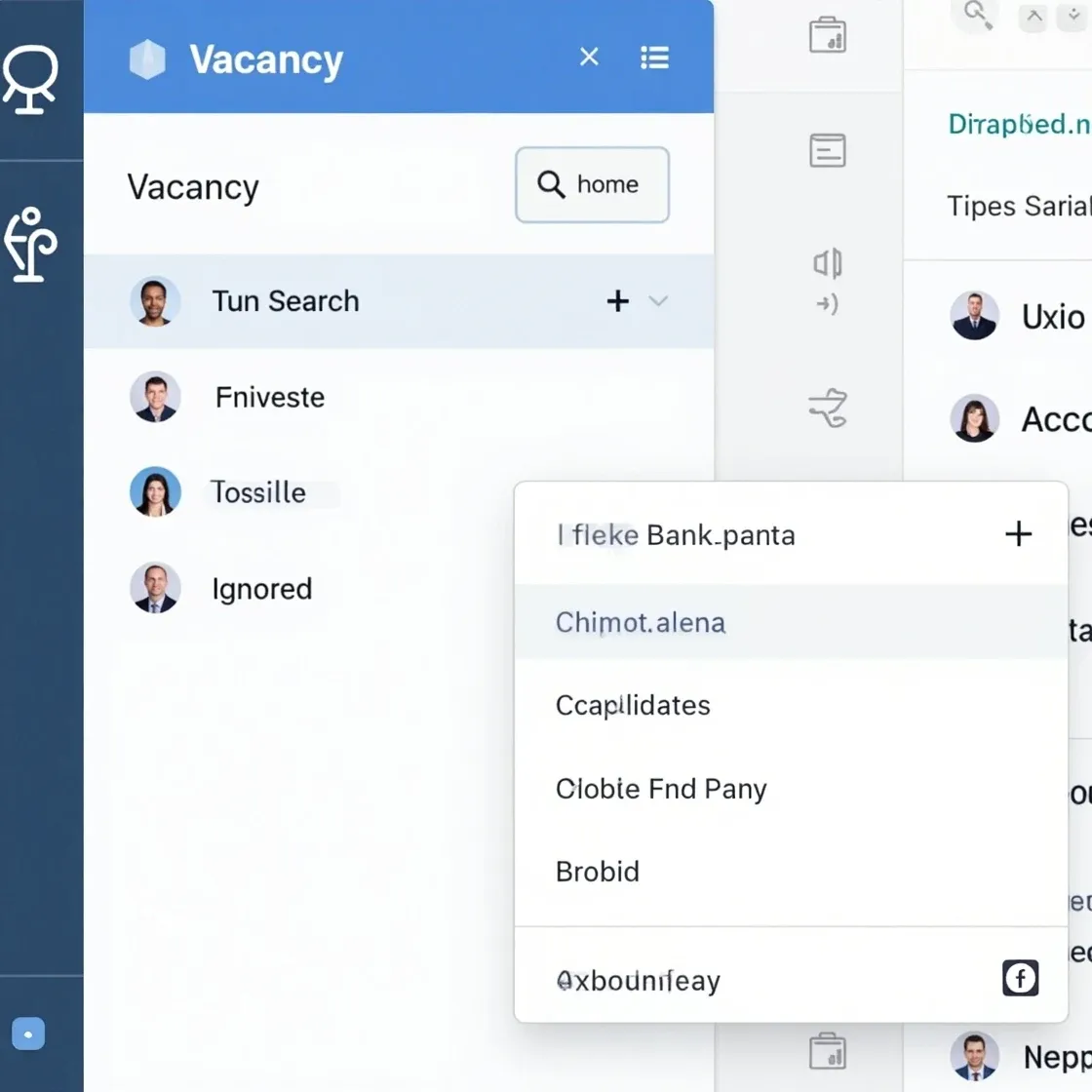 Chameleon-i Smart Navigation panel with a saved vacancy search expanded, displaying "Run Search," "Possibles," and "Ignored" nodes. Candidates shown being dragged between sections and into a vacancy for shortlisting.