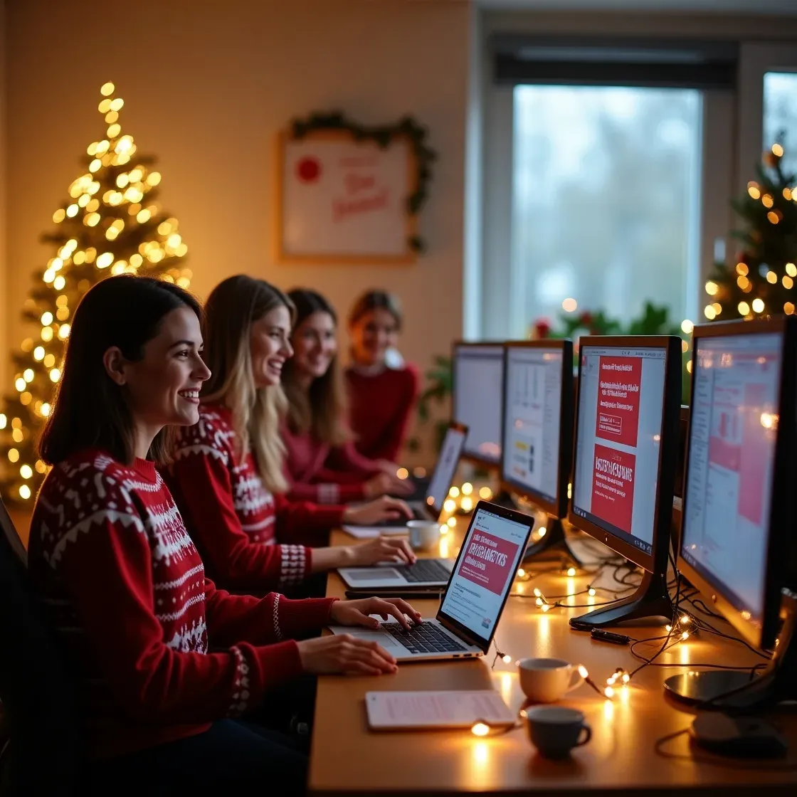 Chameleon-i team working in a festive office decorated for Christmas, with support hours shown on screen and a calendar marking holiday closures.
