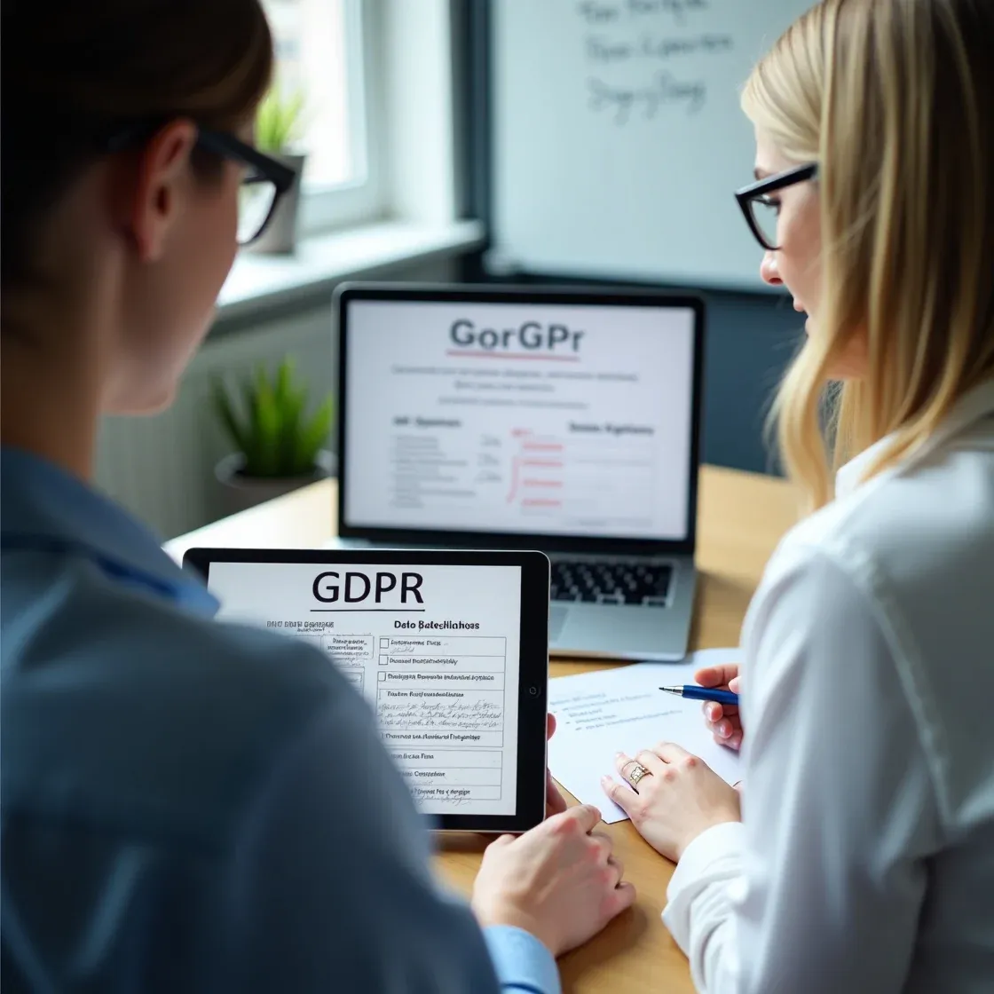 Recruiter or data officer reviewing highly realistic GDPR compliance requirements on digital devices in an organized workspace.