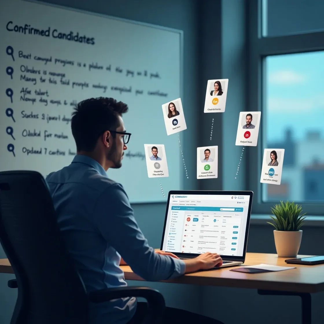 Recruiter reviewing candidate profiles on a laptop using recruitment software, with visual cues marking CVs as outdated or active to show smarter candidate filtering.
