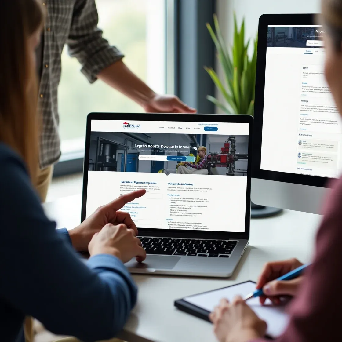 Two people reviewing the South Downs Resourcing website on a laptop, with visible candidate login, vacancy search, and job postings. CMS tools and social media links are also visible, emphasizing recruitment functionality for the BMS & HVAC market.