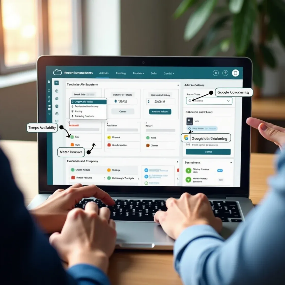 Recruiters reviewing Chameleon-i's updated interface with features like Temps Availability filters, GDPR opt-out alerts, Google Jobs referral counter, and new tabs for candidate history. UI displayed on a modern laptop with clean design and collaboration in progress.
