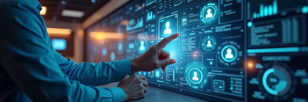 Futuristic recruitment software interface showing candidate profiles and real-time AI hiring analytics