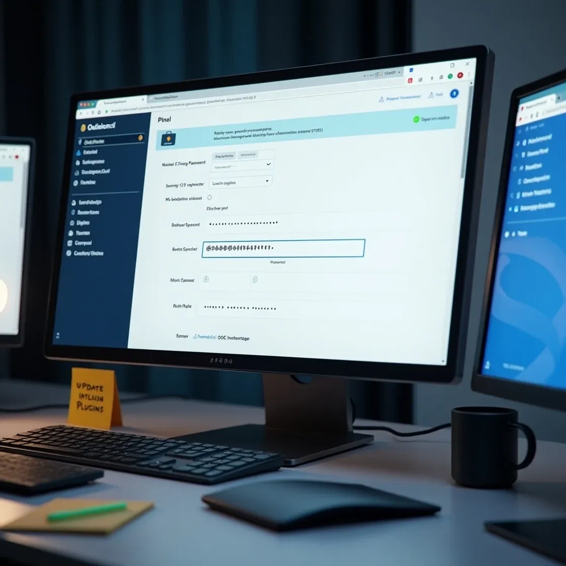 Highly realistic interface of Chameleon-i admin panel where a user updates their password, with masked input and visible security tips. Outlook plugin open on a second screen, and sticky note reminder on the desk.