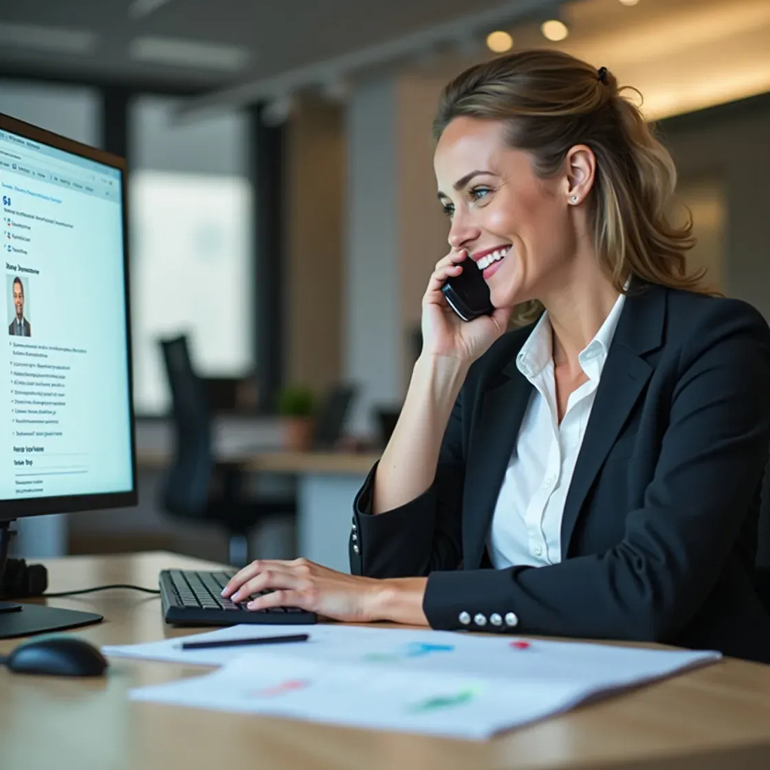 Highly realistic recruiter making a positive first impression during a phone call with a candidate.