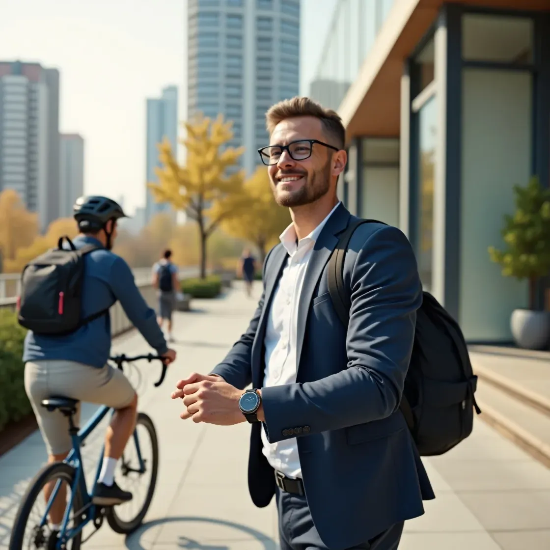Office worker walking outdoors on a lunch break while wearing a fitness band, with an office building in the background and a calm, energizing atmosphere.