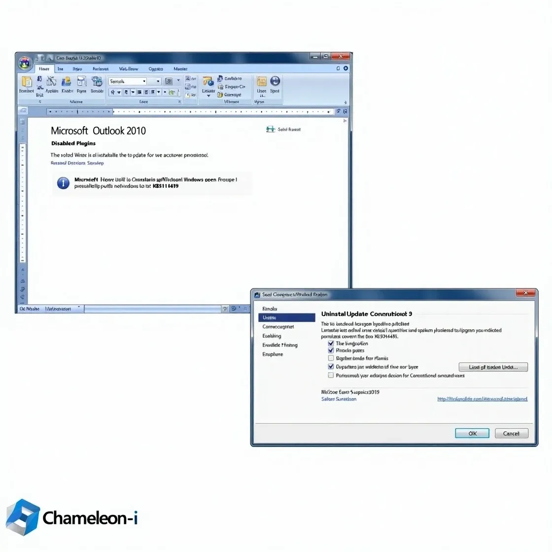Outlook 2010 in Safe Mode with disabled plugins due to update KB3114409, user removing update to restore Chameleon-i plugin functionality.