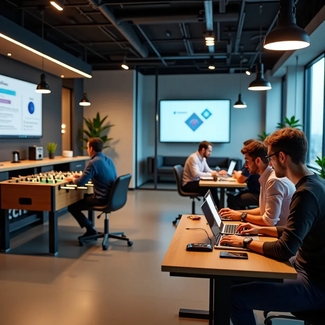 Professionals working and relaxing in a highly realistic, trendy office space with modern amenities.