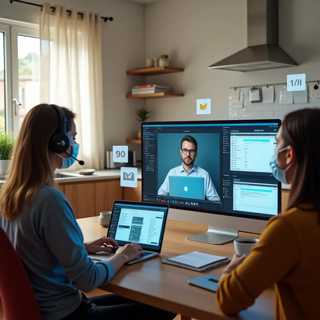 Realistic image of remote recruitment team working during Covid-19, using cloud-based recruitment software for interviews, job posting, and communication automation.