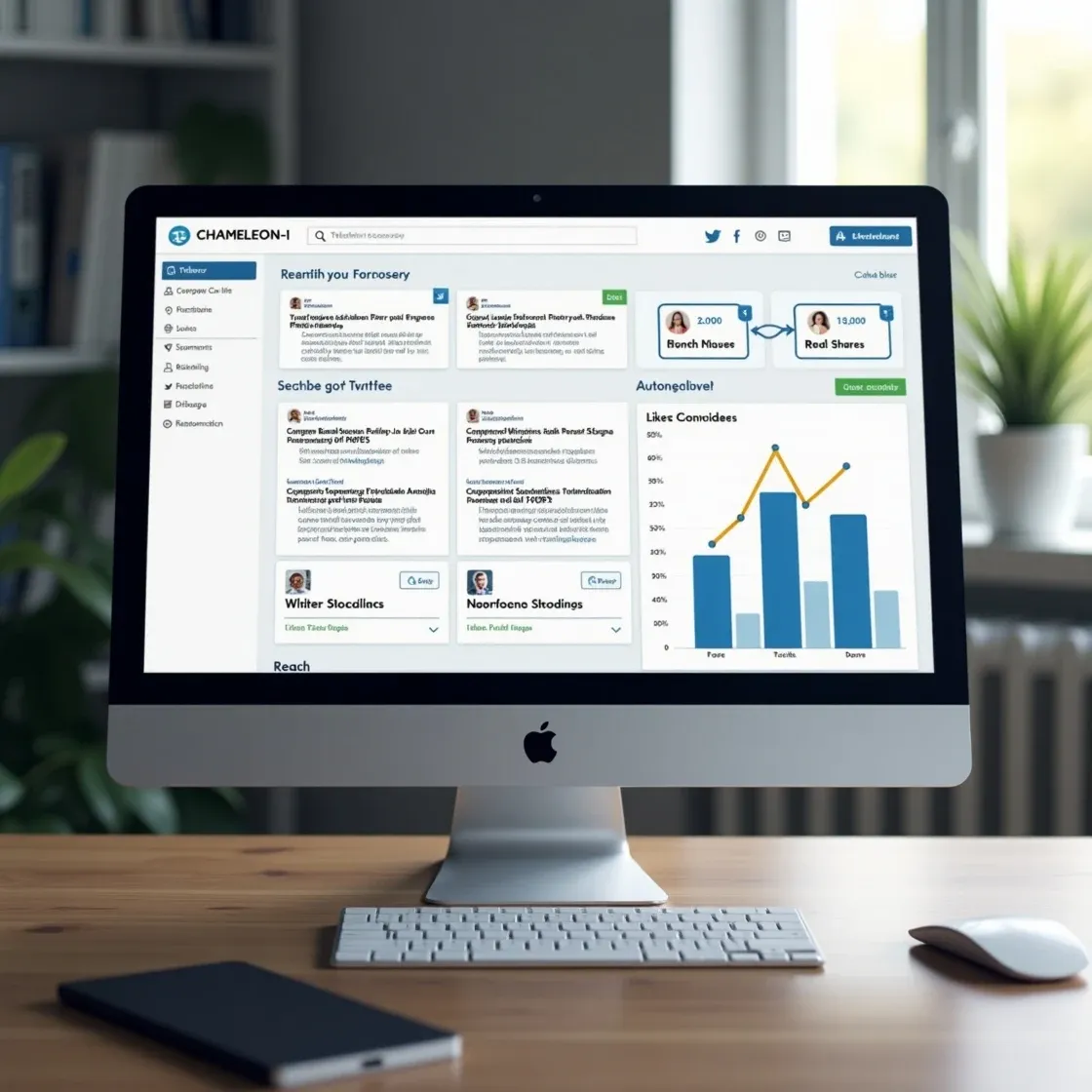 Realistic interface of Chameleon-i RSS feed connected to social media scheduling tools like Hootsuite, displaying job post automation and rising engagement metrics across platforms.