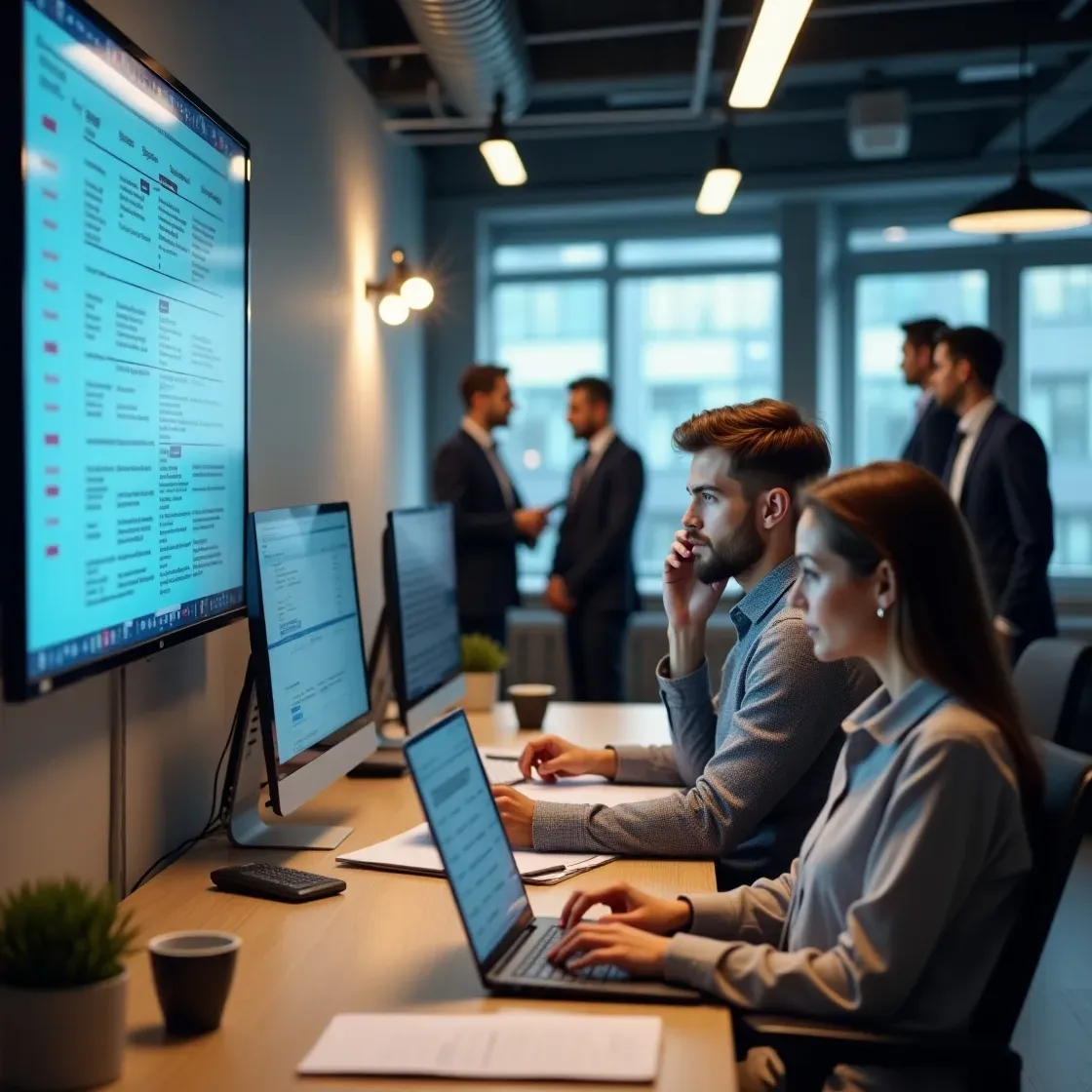 Realistic office scene of a recruitment agency team managing temp bookings, with digital scheduling, candidate check-ins, and communication tools in use.