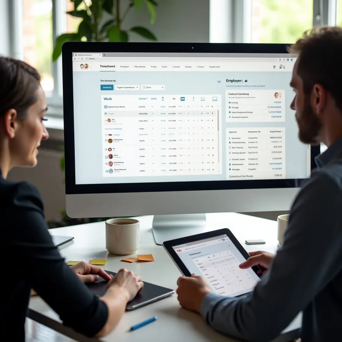 Realistic office setting where a recruiter manages timesheets and invoices on Chameleon-i software, while a contractor and employer use their own devices to complete and approve timesheets.