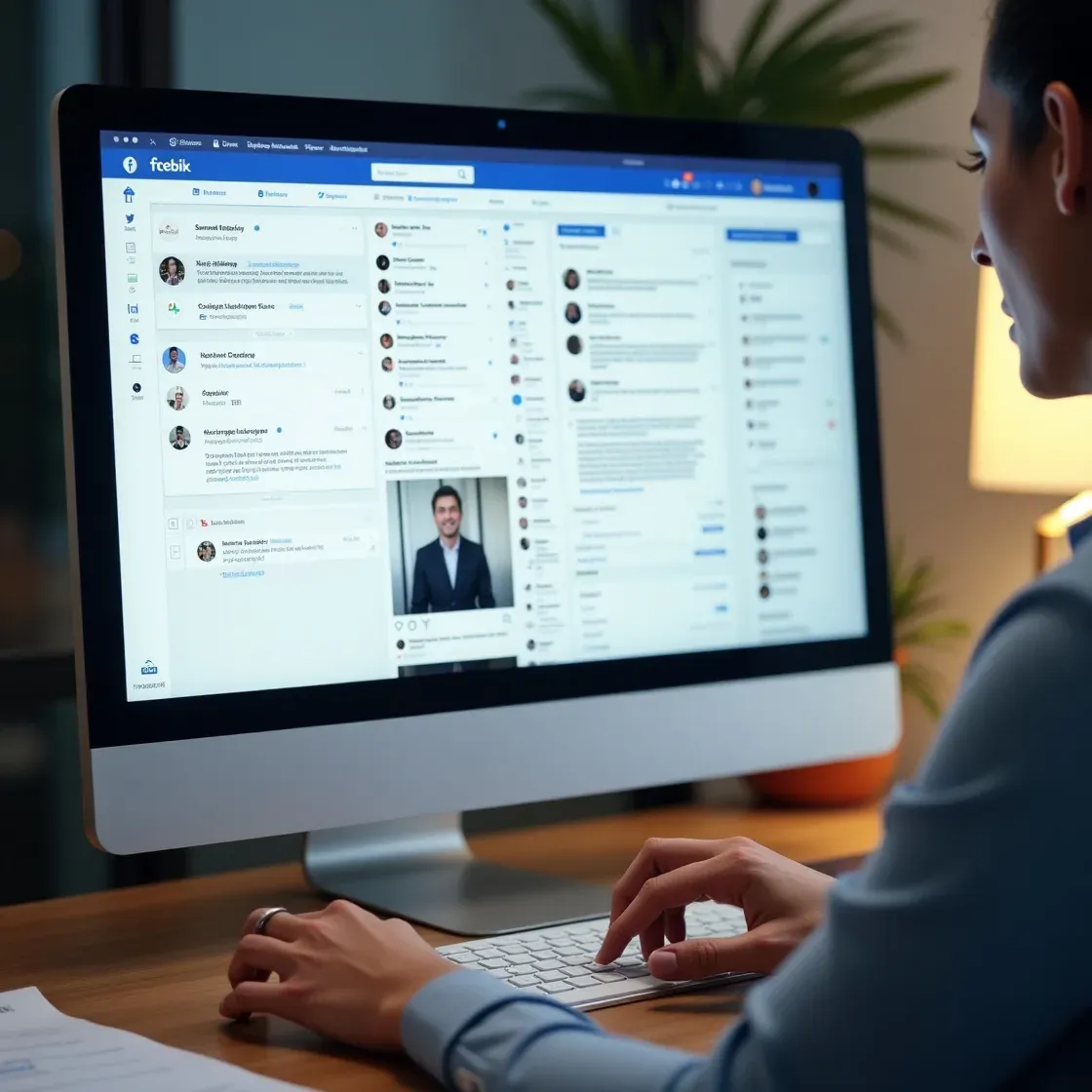 Realistic recruiter’s desktop showing Chameleon-i dashboard and multiple social media platforms used for candidate sourcing and client engagement.
