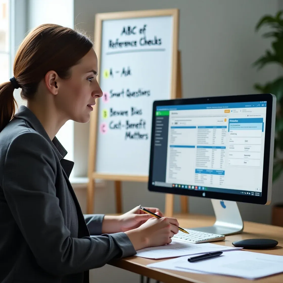 Recruiter conducting a reference check using software and smart questioning in a modern office.