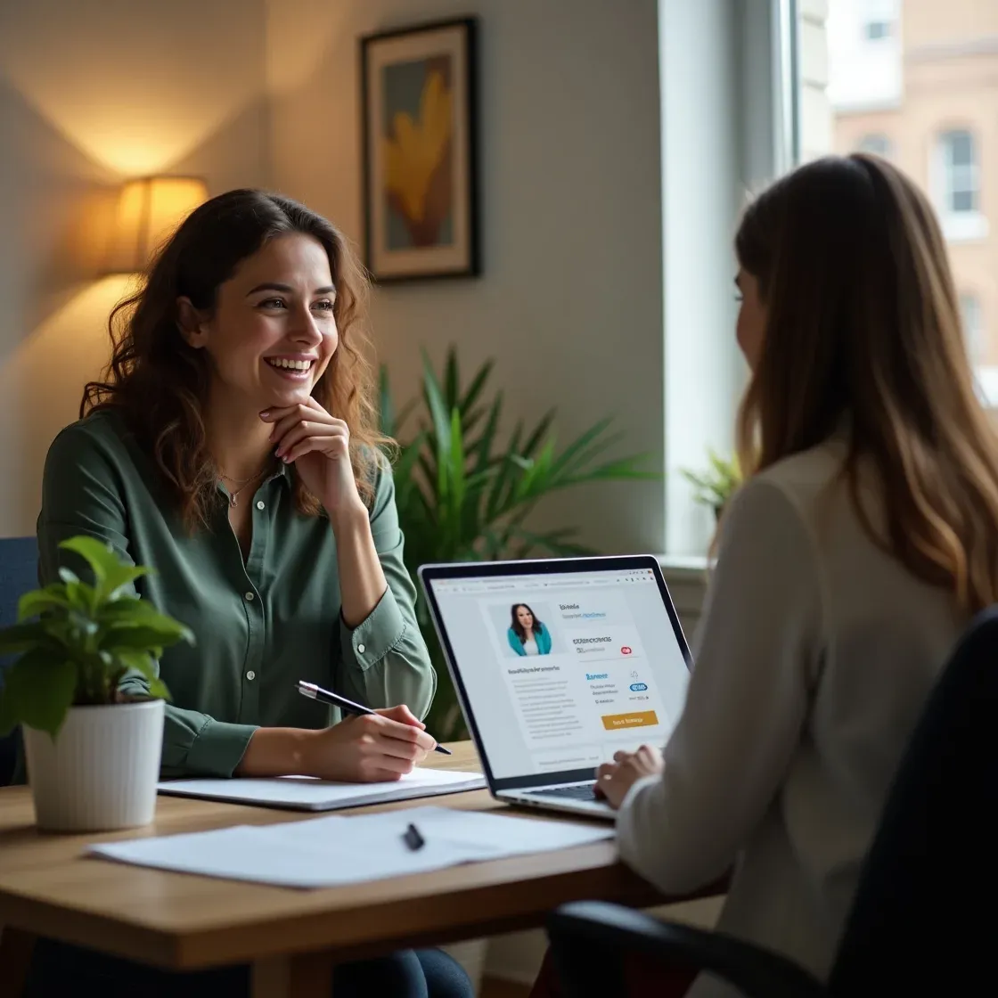 Recruiter conducting a supportive interview in a calm, wellness-focused office environment.