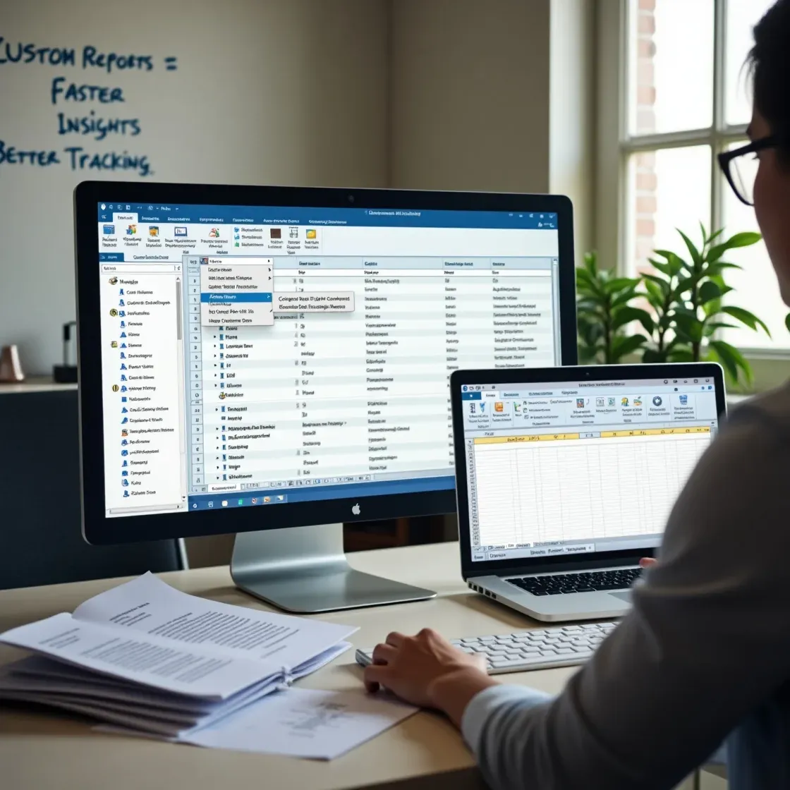 Recruiter generating a highly realistic custom Excel report using Chameleon-i’s reporting feature in a modern office.
