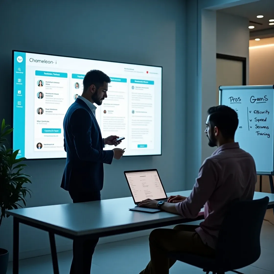 Recruiter guiding a client through secure ATS access using Chameleon-i in a professional office.