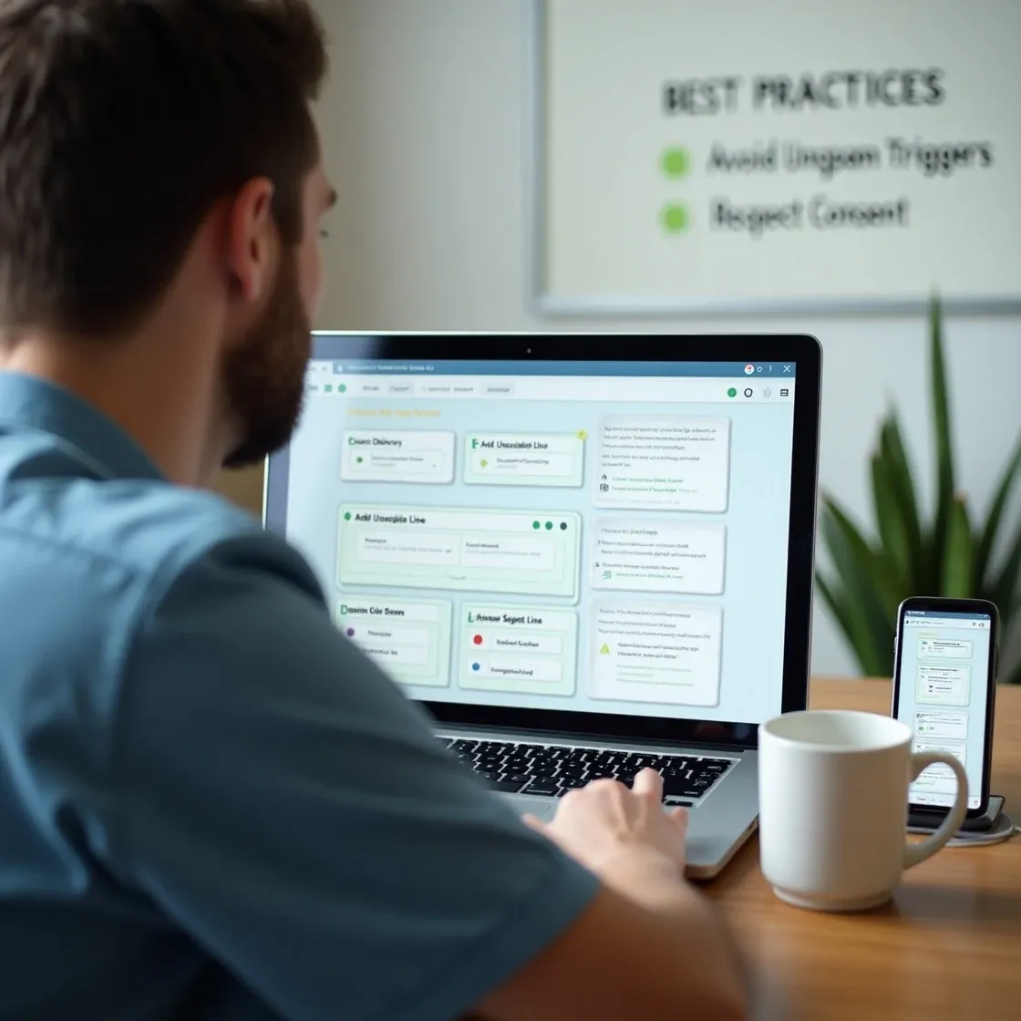 Recruiter reviewing email marketing performance and best practice checklist on a laptop and smartphone using recruitment software.