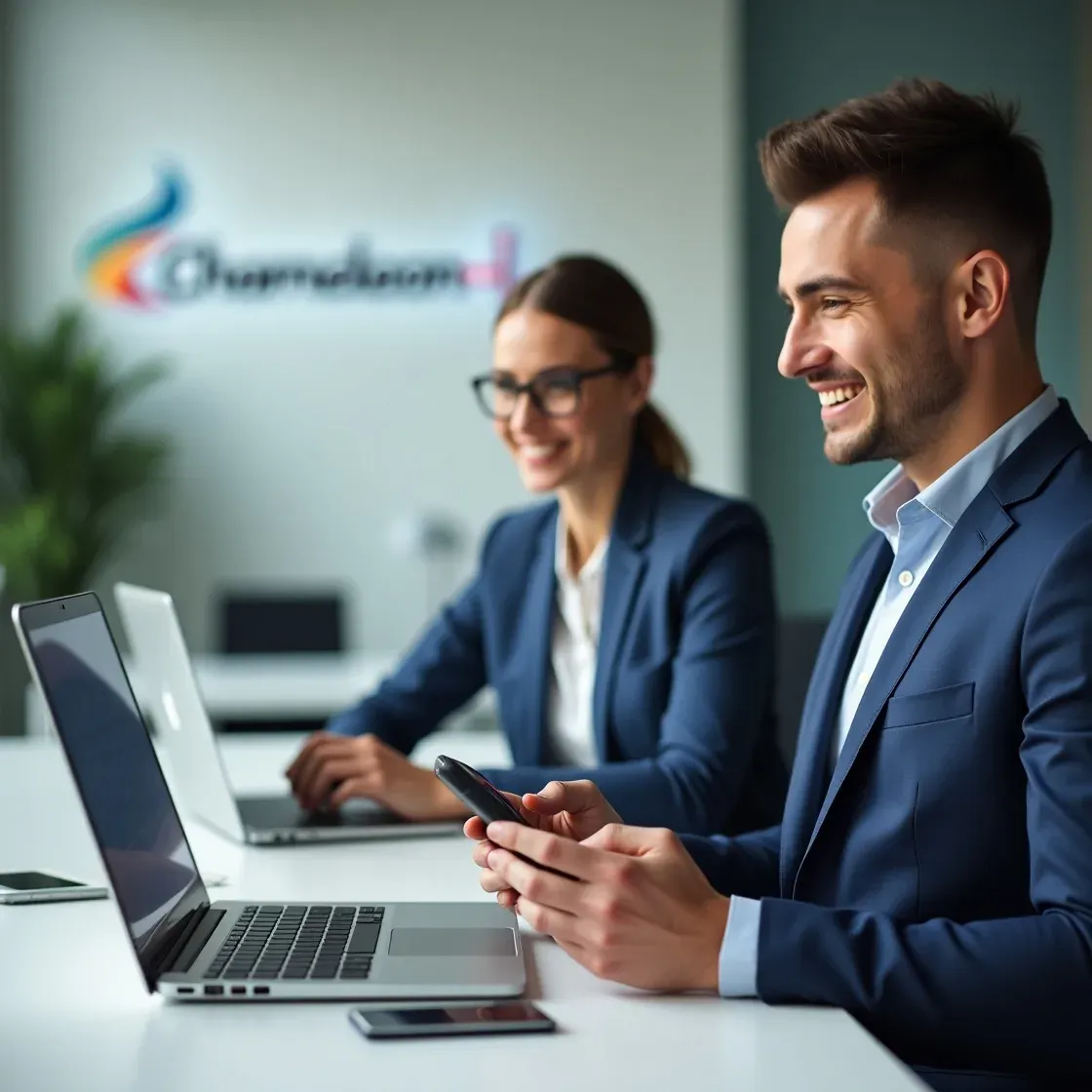 Recruiter sending and receiving SMS messages using Chameleon-i with Icetrak, while a colleague observes in a modern office.