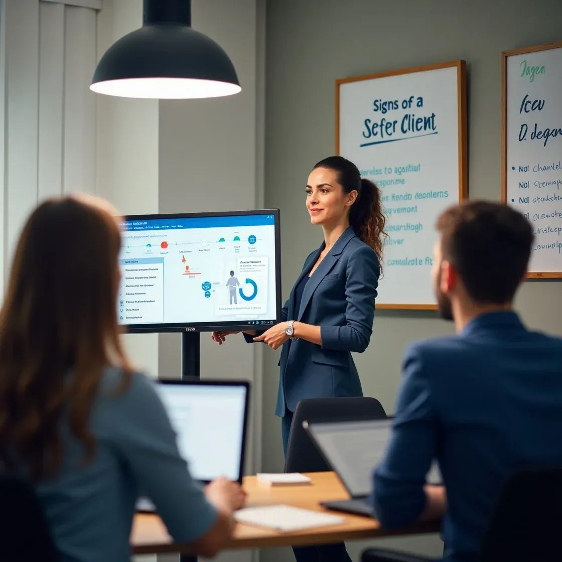 Recruiter using CRM software to identify engaged, high-potential recruitment clients in a modern office.