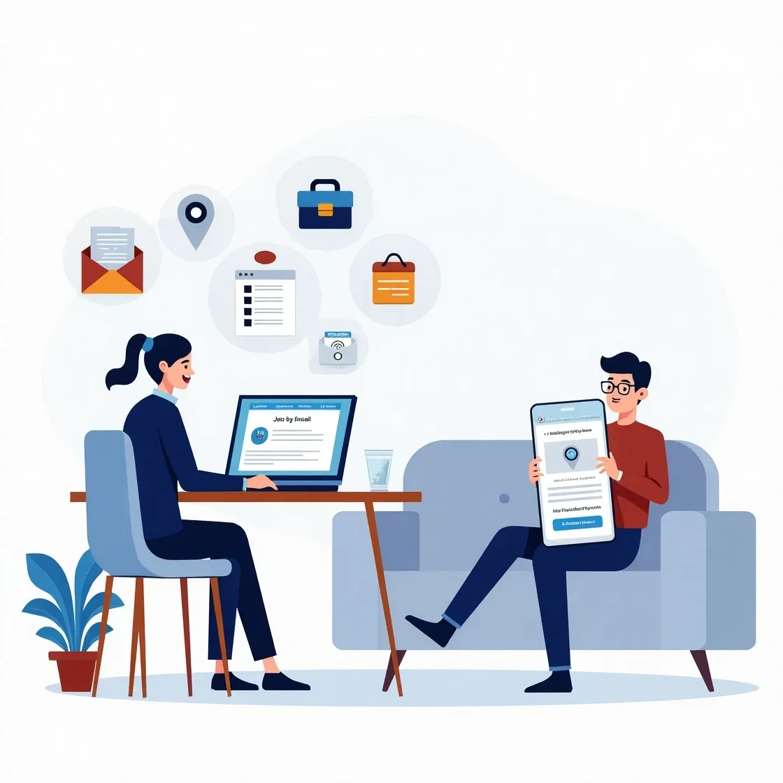 Recruiter using Chameleon-i to view job applications received through Jobs by E-mail while a candidate checks a job alert on their phone and applies with one click.