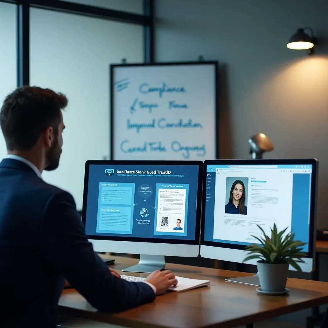Recruiter verifying candidate identity using Chameleon-i and TrustID integration in a highly realistic office.