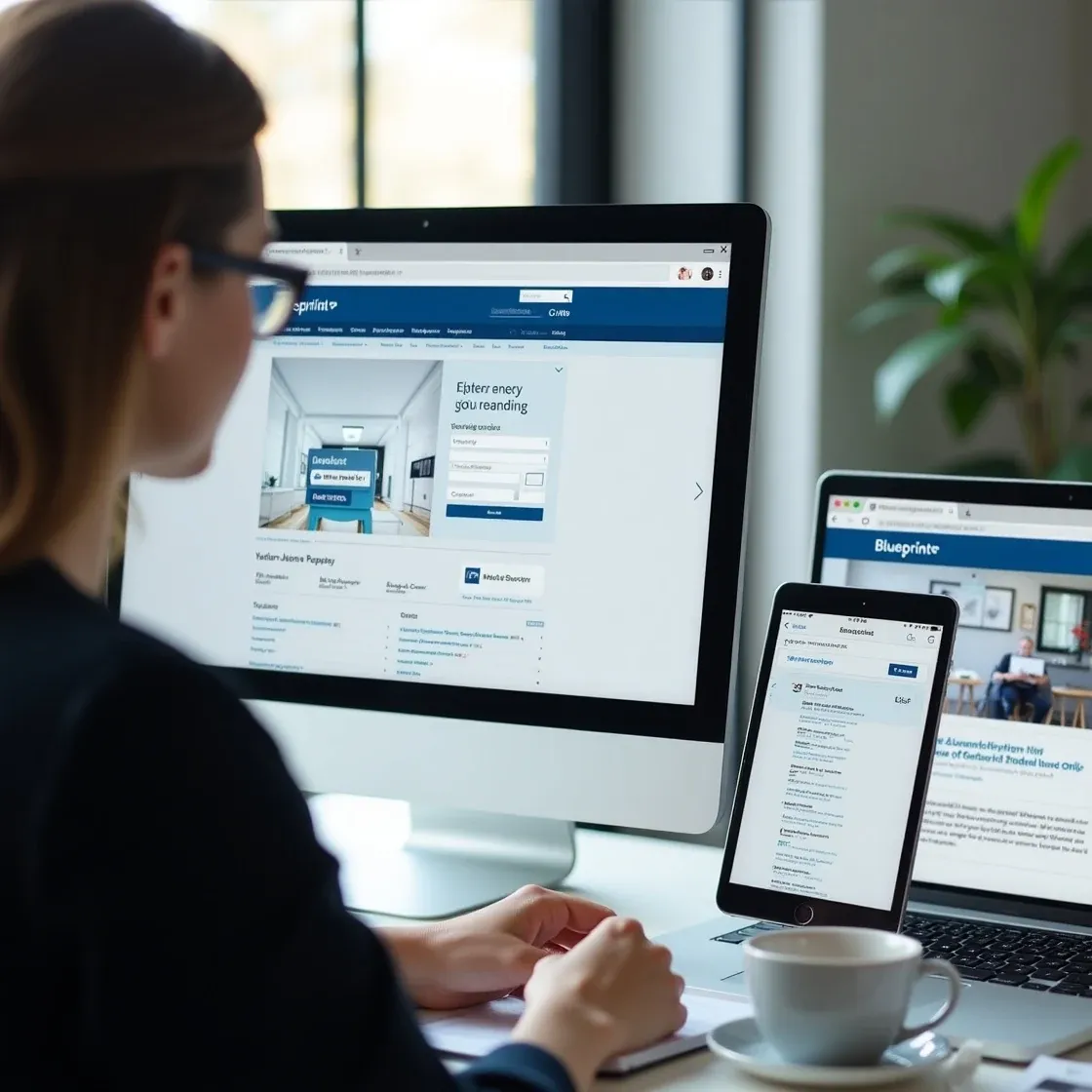 Recruiter viewing a responsive Blueprint recruitment website on desktop and tablet, showing vacancy search and candidate registration integrated with Chameleon-i.