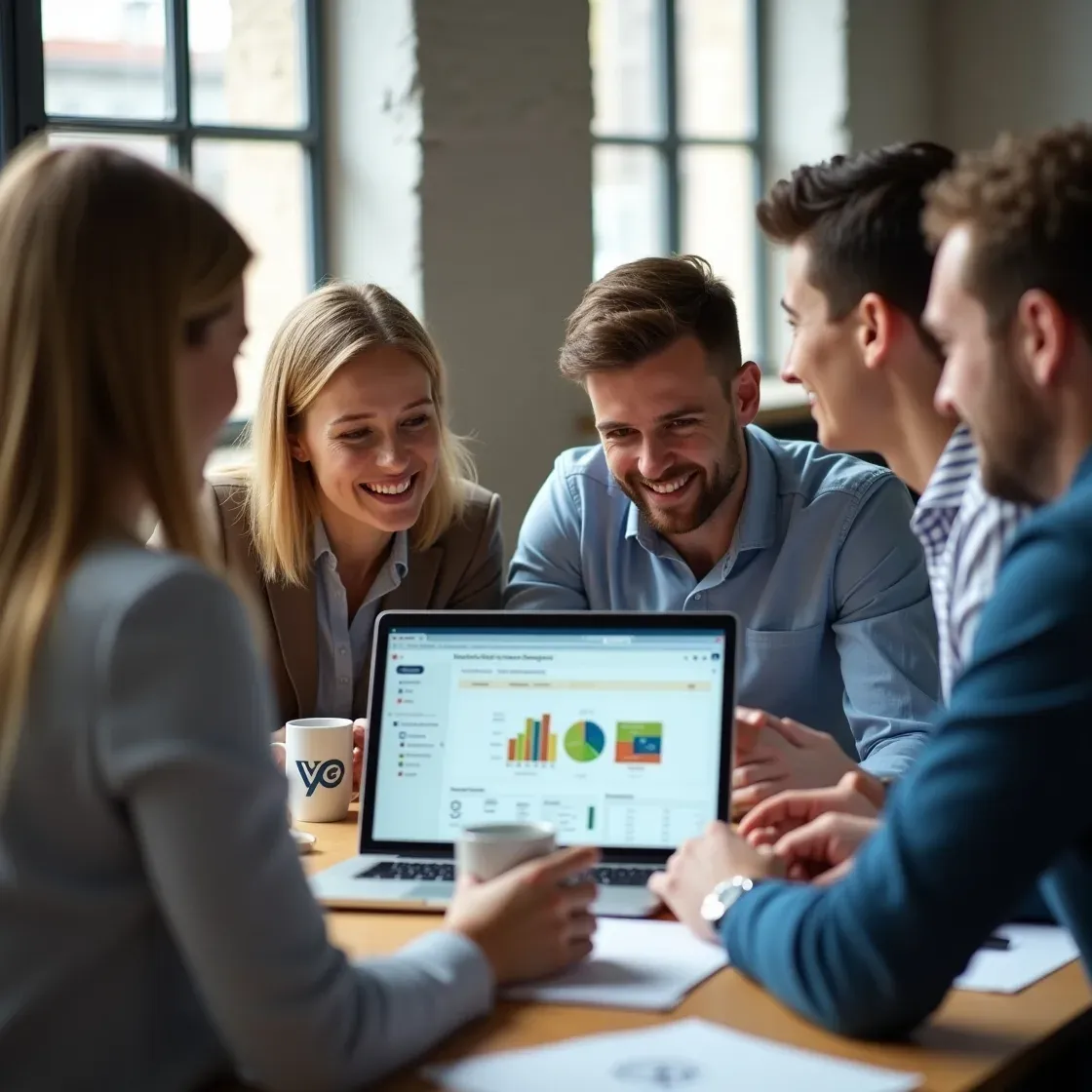 Recruiters gathered around a laptop, reviewing their branded Chameleon-i dashboard featuring their company logo.