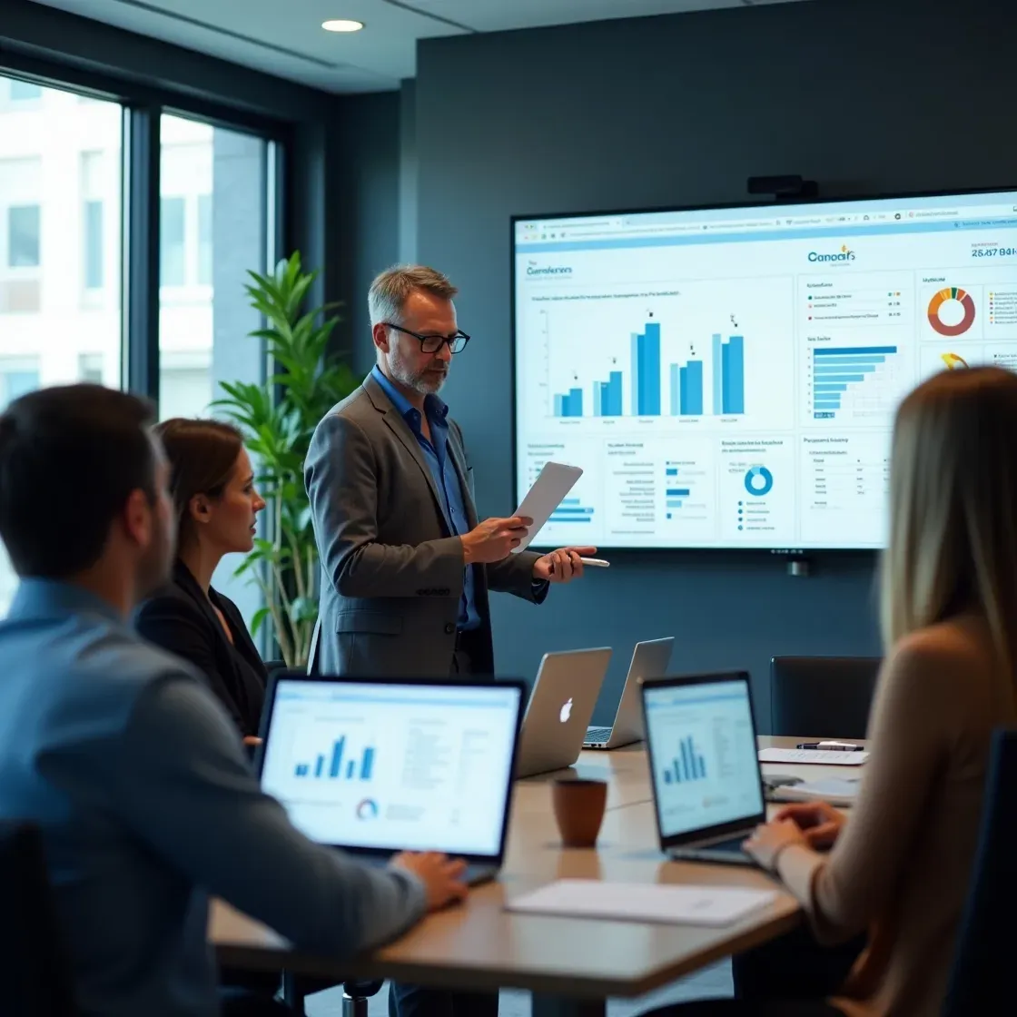 Recruiters in a meeting reviewing client acquisition strategies and CRM dashboards.