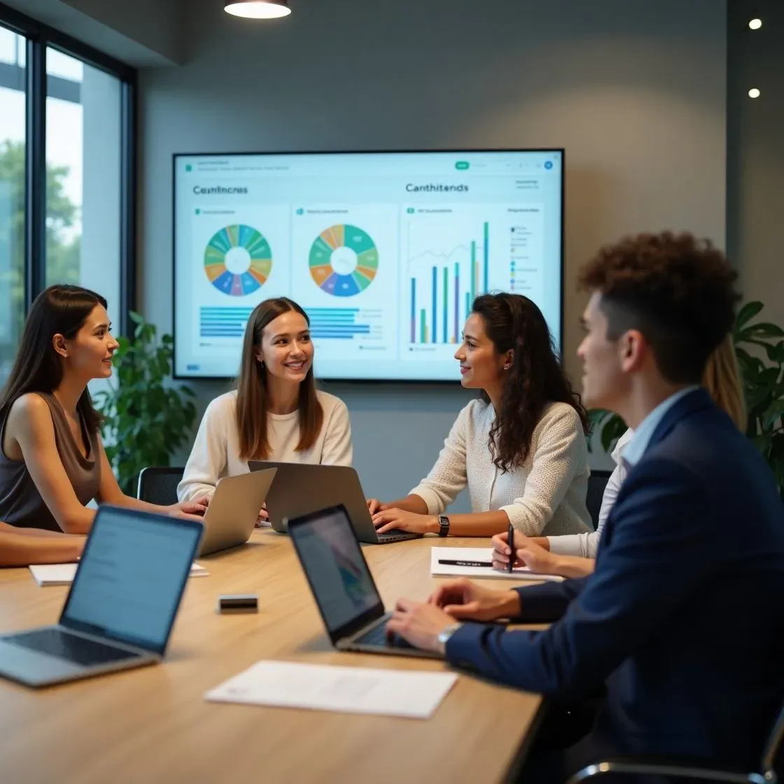 Recruiters reviewing candidate scores on screen in modern office.webp