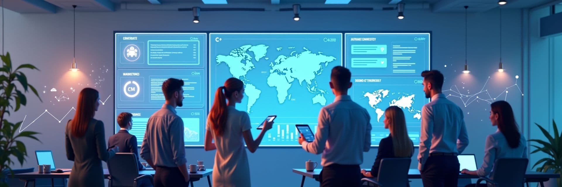 "Recruiters using AI-powered CRM software to automate candidate screening, timesheets, and communication in a modern recruitment office