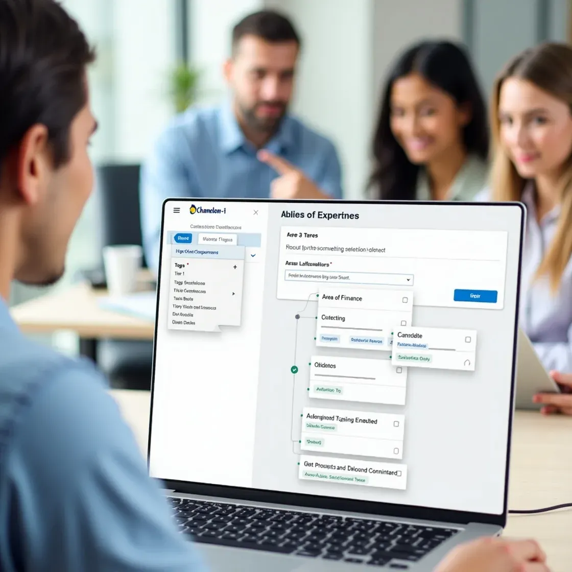 Recruiters using Chameleon-i’s Admin panel to manage a three-tier tag structure with Auto Upward Tagging enabled, assigning candidate skills and job roles for faster searches.