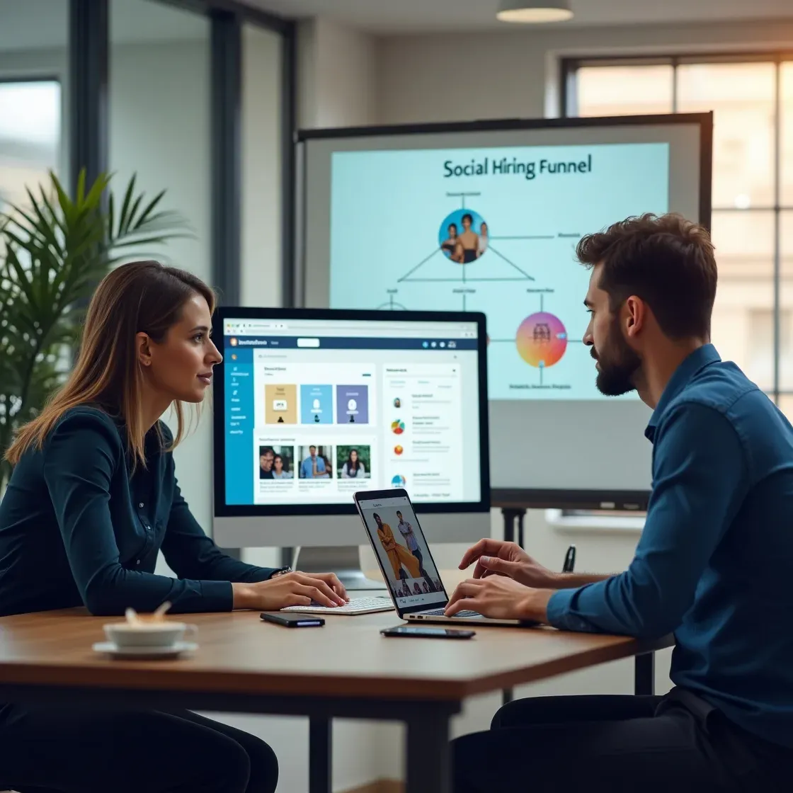 Recruiters using social media platforms like LinkedIn and Instagram Stories to evaluate candidates and showcase company culture, with a dashboard displaying recruitment analytics in a modern office.