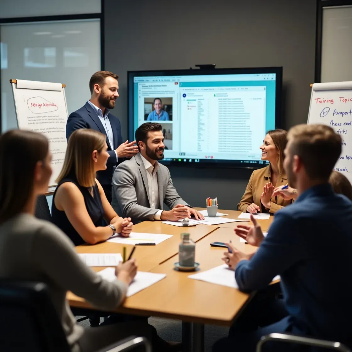 Recruitment team in a highly realistic meeting space sharing updates, training, and recognition during a weekly catch-up.