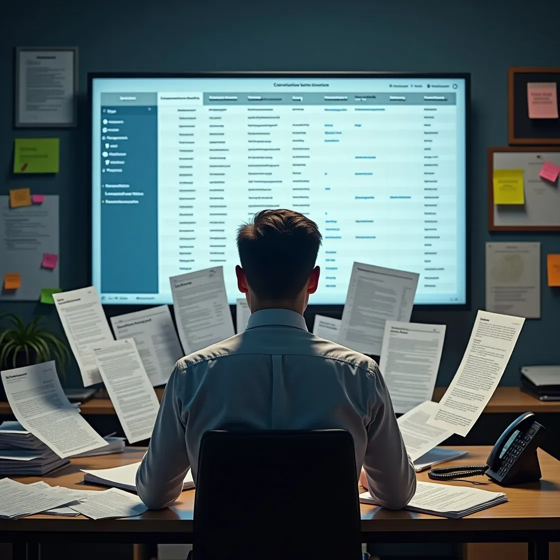 Stressed recruiter with messy desk beside a screen showing organized candidate tracking system.