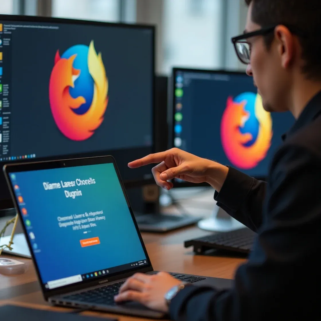 Two professionals review a Chrome plugin update on their laptops, preparing Chameleon-i’s new HTML5 solution while Firefox runs in the background.