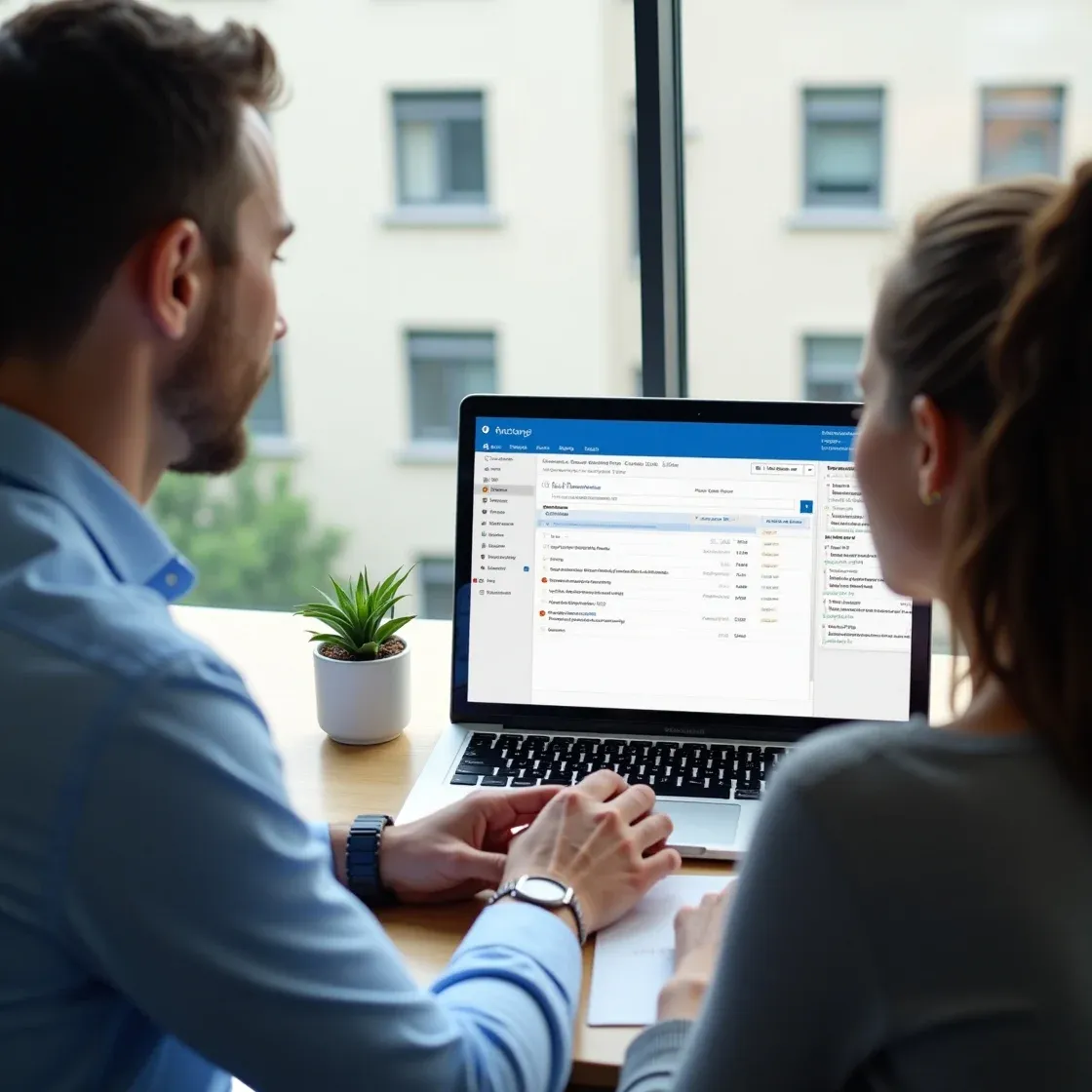 Two recruiters looking at a laptop screen showing the Chameleon-i and Microsoft Outlook integration with synced emails and calendar events in a candidate profile.