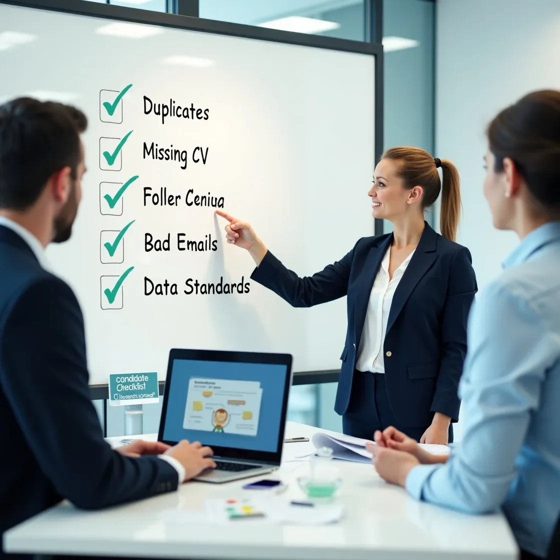 Two recruiters review data cleaning practices in a modern office, with a whiteboard highlighting key tasks like merging duplicates and enforcing data standards.