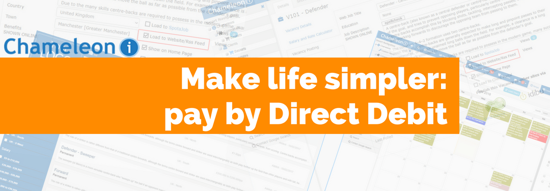 Make like simpler: pay by direct debit - orange banner. Background filled with recruitment software screenshots