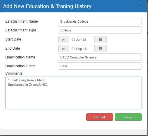 Add new education and training history